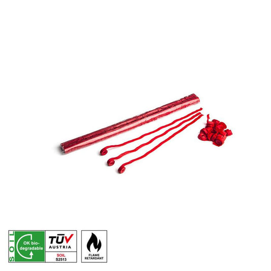 Red biodegradable flame retardant paper streamers, 5 meters long and 0.85 centimeters wide, displayed in a vibrant setting.