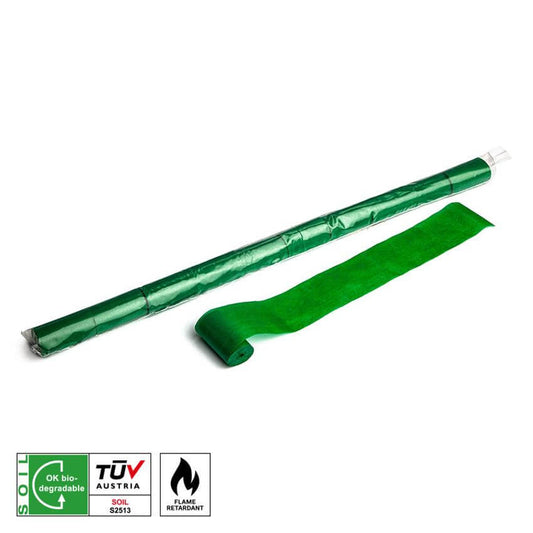 Dark green biodegradable paper streamers, 10 meters long and 5 centimeters wide, suitable for various celebrations and events.