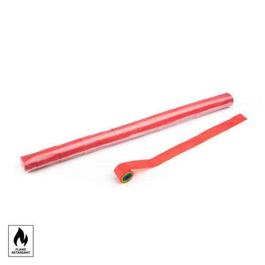 Red biodegradable flame retardant streamers, 10 meters long and 5 centimeters wide, ideal for events.