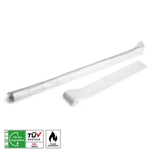 MAGICFX Biodegradable Streamers in white, 10 meters long and 5 centimeters wide, suitable for flame retardant party decorations.