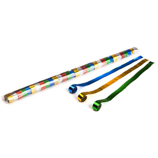Multicolour metallic streamers made of flameproof PVC, measuring 10 meters by 1.5 centimeters, ideal for events and celebrations.