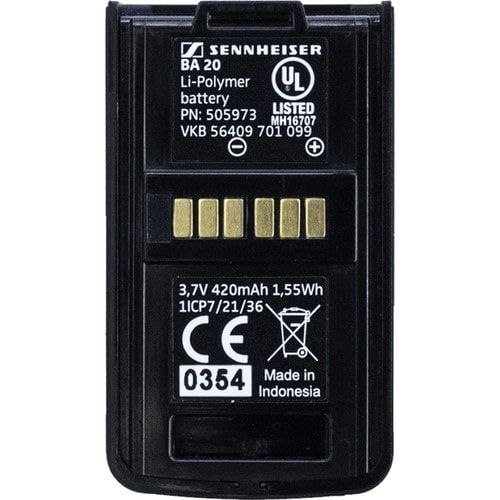 Front view of the Sennheiser BA 20 Recharging Battery Pack, designed for AVX EKP digital wireless systems, with a 3.6V lithium-ion battery and USB charging capability.