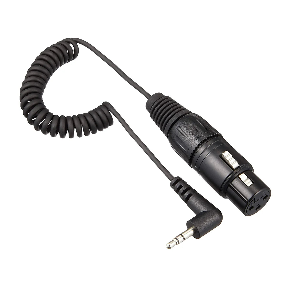 Top 45 degree angle view of the Sennheiser KA 600 Connection Cable, 0.2m Coiled, XLR-3F to 3.5mm Jack.
