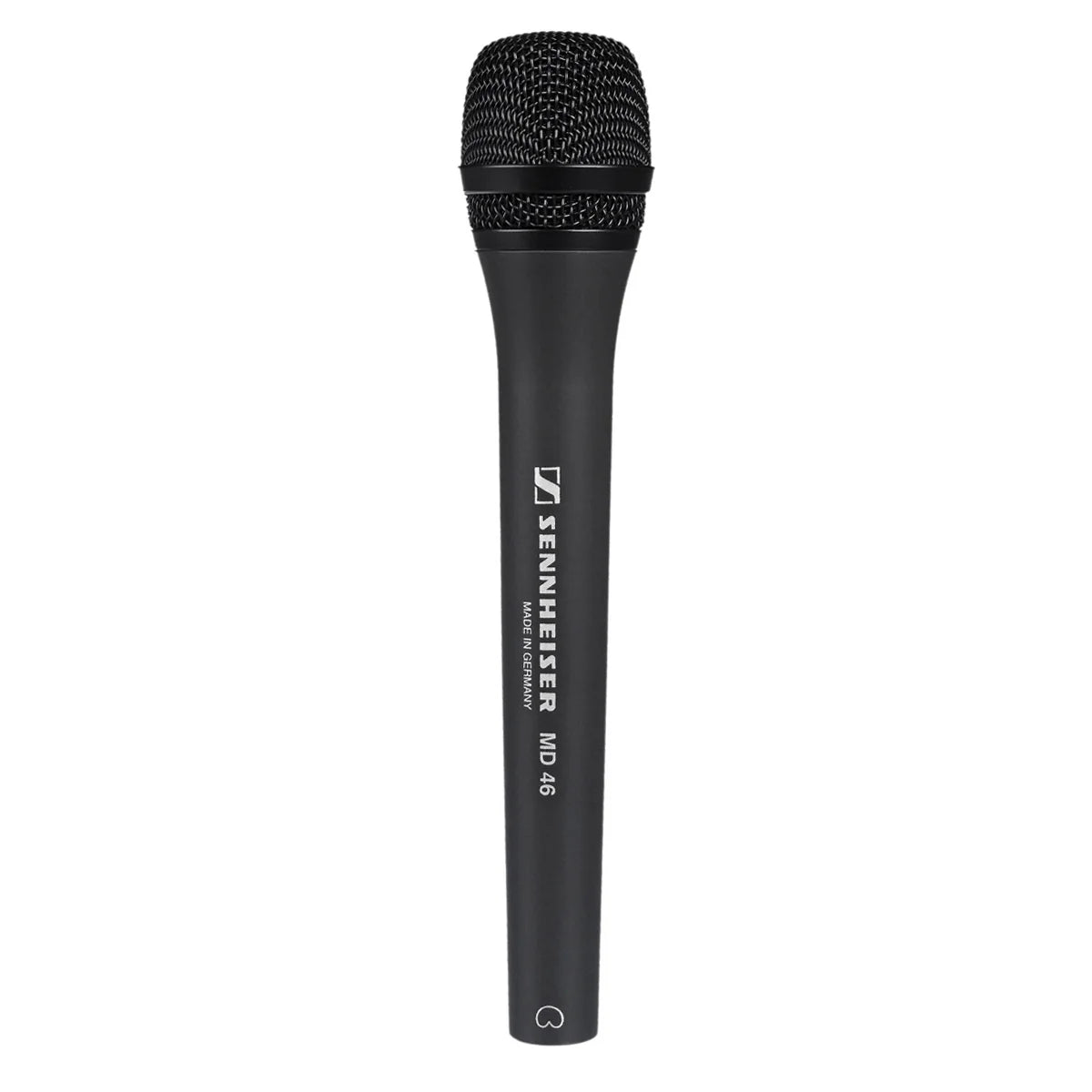 Front view of the Sennheiser MD 46 Dynamic Cardioid Handheld Microphone, Low Wind/Handling Noise.