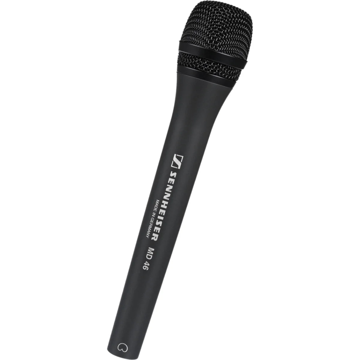 Front 45 degree angle view of the Sennheiser MD 46 Dynamic Cardioid Handheld Microphone, Low Wind/Handling Noise.