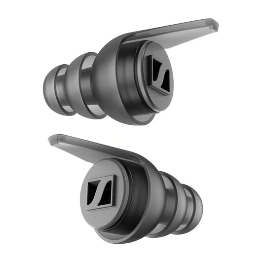 Front view of the Sennheiser SoundProtex Plus Hearing Protection Earplugs, 3x Tip Sizes (Low, Mid, High & Full Black Filters).