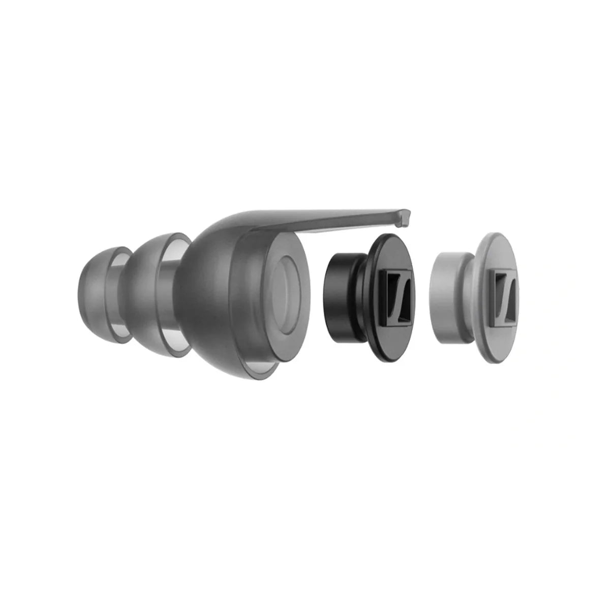 Front view of the deconstructed Sennheiser SoundProtex Plus Hearing Protection Earplugs, 3x Tip Sizes (Low, Mid, High & Full Black Filters).