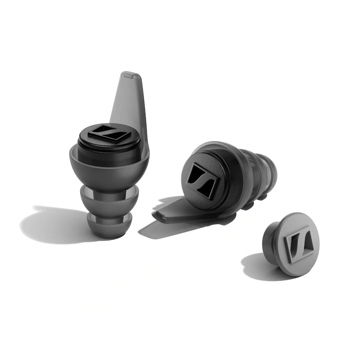 Top view of the Sennheiser SoundProtex Plus Hearing Protection Earplugs, 3x Tip Sizes (Low, Mid, High & Full Black Filters).