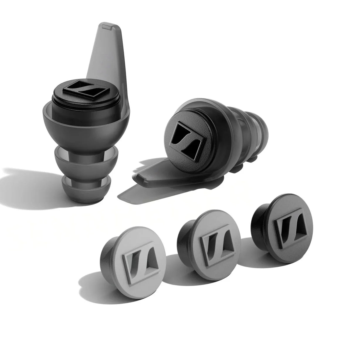 Top view of the Sennheiser SoundProtex Plus Hearing Protection Earplugs, 3x Tip Sizes (Low, Mid, High & Full Black Filters) with various tip sizes. 