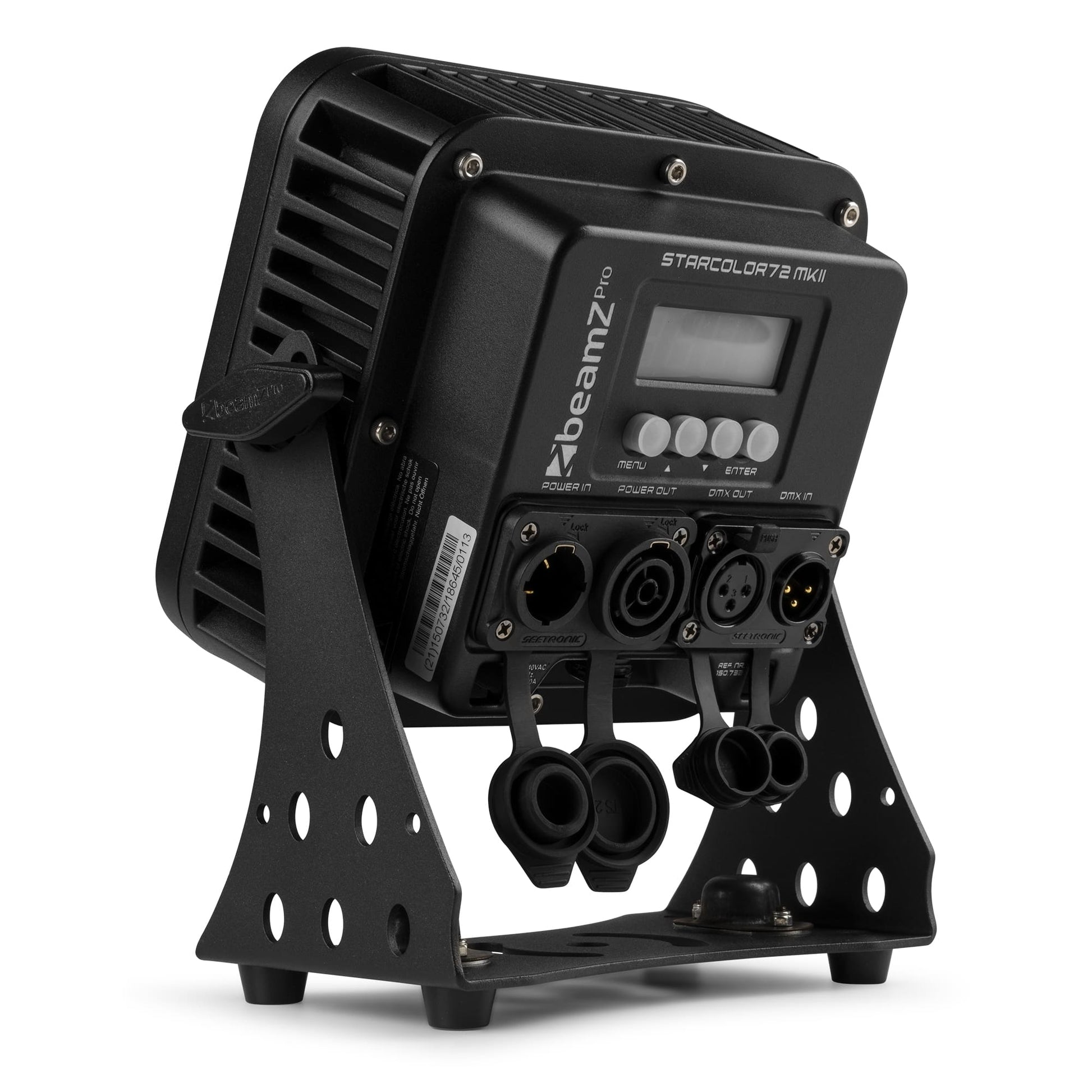 Back angled view of the beamZ Pro StarColor72 Flood Light with 9x 8W RGBW LEDs, IP65 rating, and DMX control.