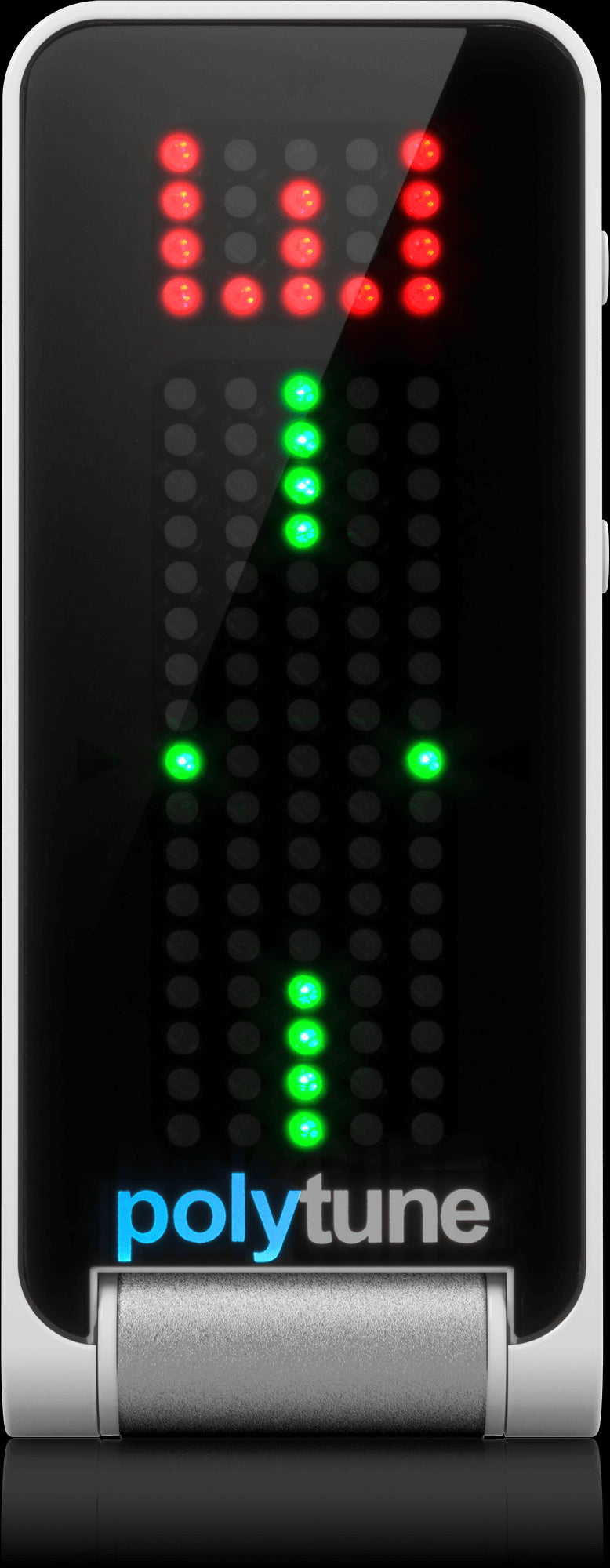 TC Electronic PolyTune Clip polyphonic guitar tuner displayed on a headstock