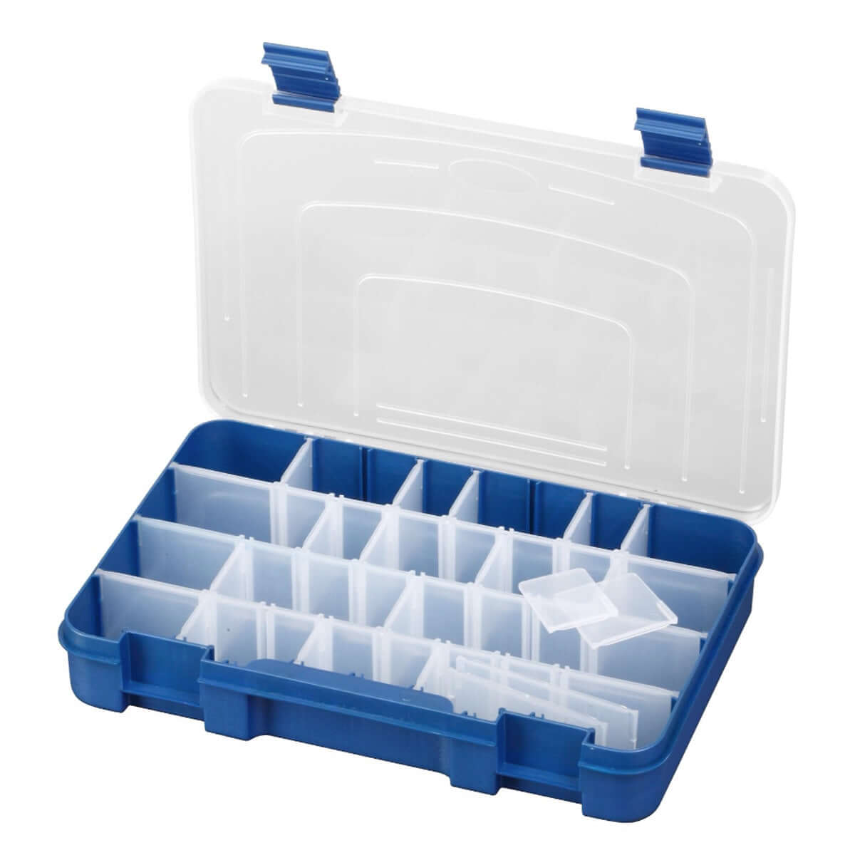 SP PAN 195 Blue and Transparent Polypropylene Organiser Box featuring adjustable compartments for versatile storage.