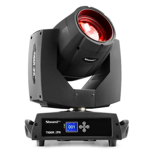 Front view of the Tiger E 7R MKIII 230W Beam Moving Head - 17 gobos, 14 colors, high-intensity 230W bulb in Red.