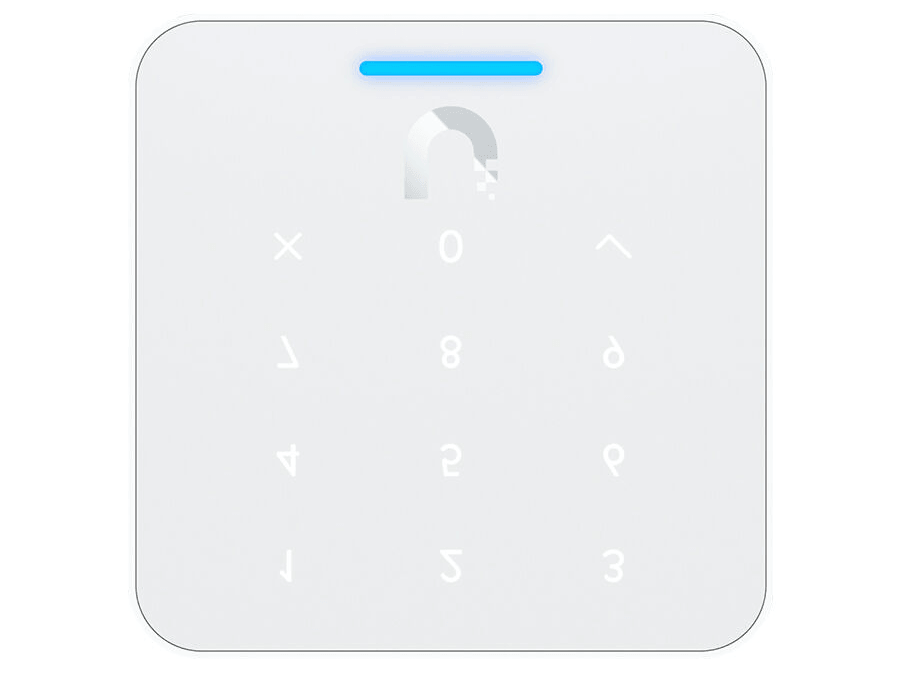 Bottom view of the Ubiquiti UniFi Access Reader Flex in white.