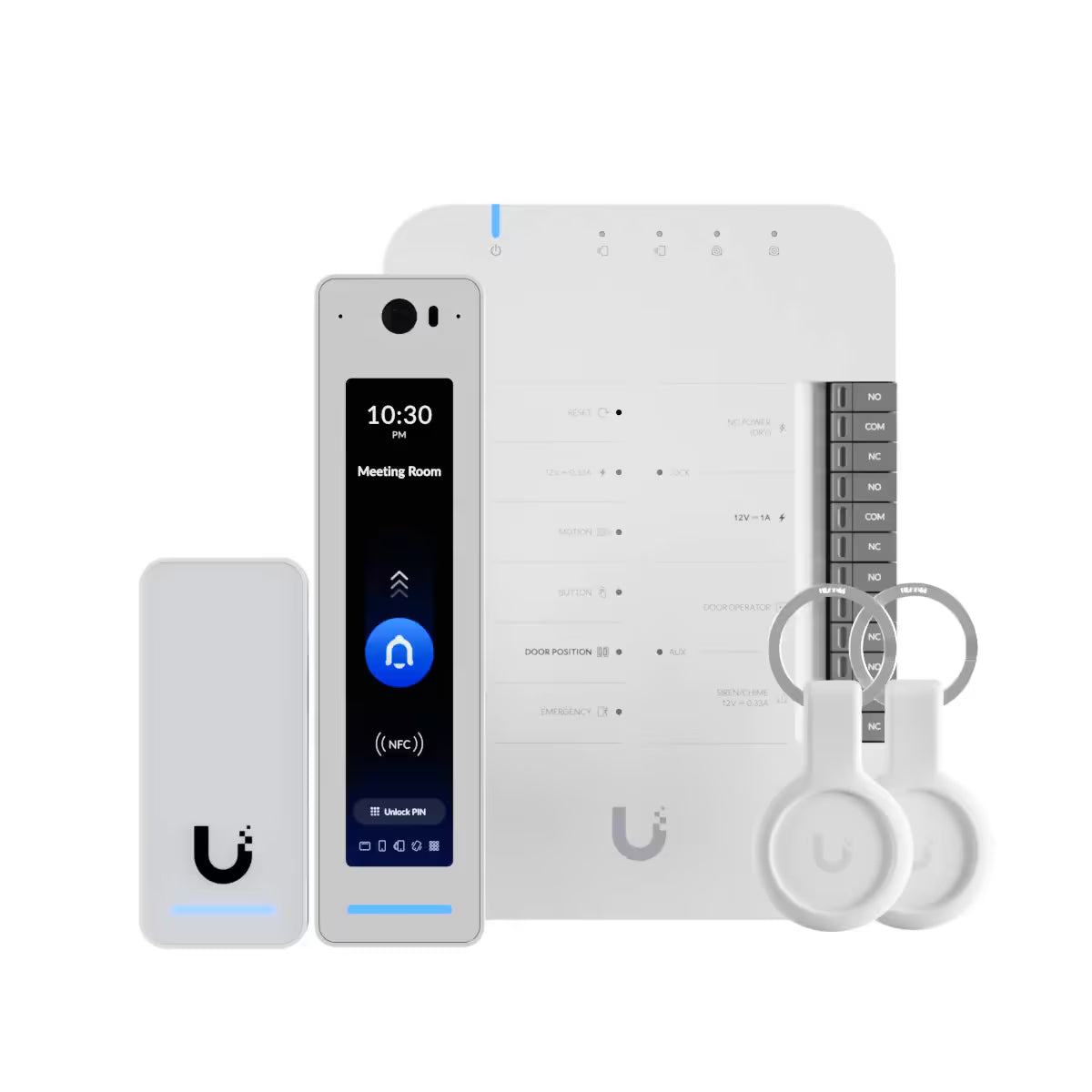 Overview of the Ubiquiti UniFi Access G3 Starter Kit Pro showing the hub and two readers.