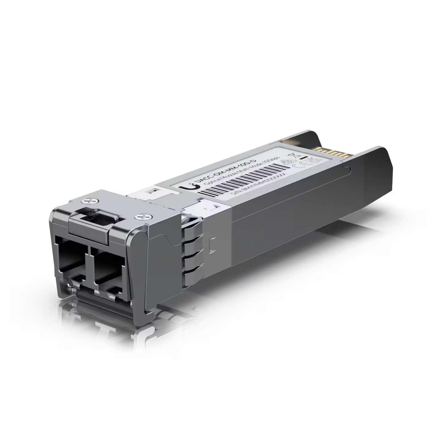Ubiquiti Multi Mode 10G LC SFP+ 850nm module with clear view of the connector.