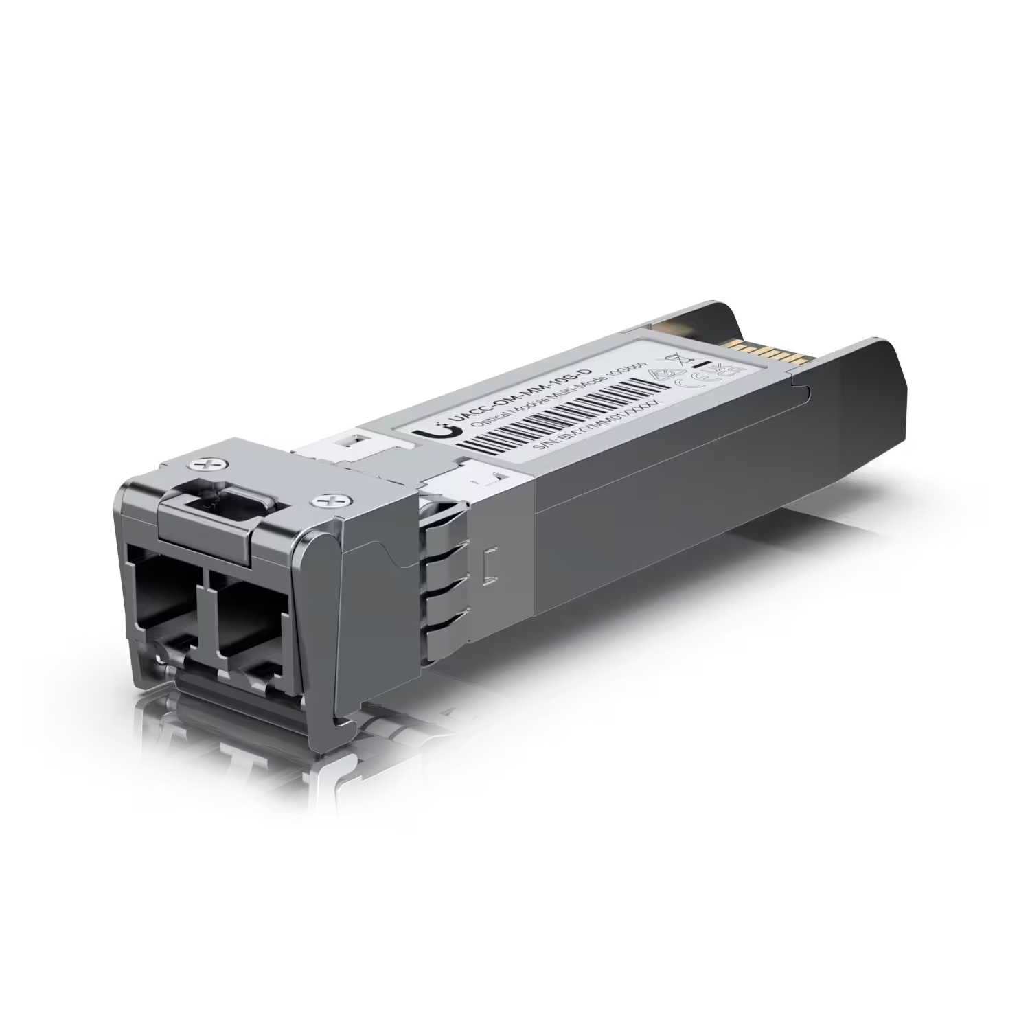 Ubiquiti Multi Mode 10G LC SFP+ 850nm module with clear view of the connector.