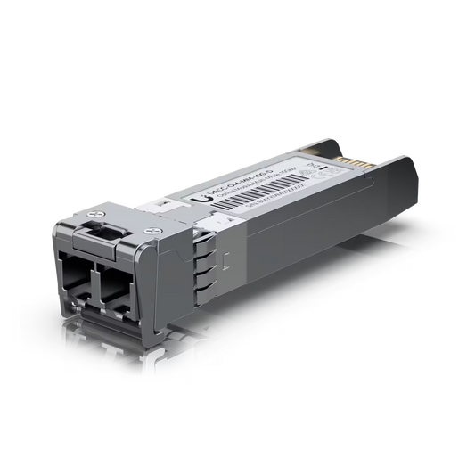 Ubiquiti Multi Mode 10G LC SFP+ 850nm module with clear view of the connector.