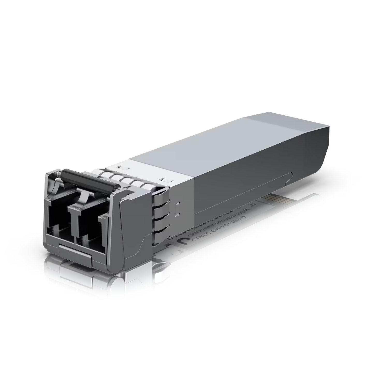 Close-up of Ubiquiti Multi Mode 10G LC SFP+ 850nm module highlighting the optical components.