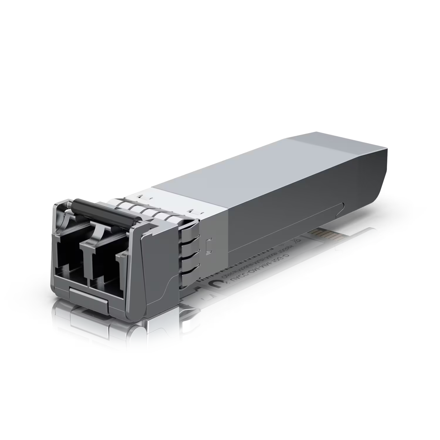 Close-up of Ubiquiti Multi Mode 10G LC SFP+ 850nm module highlighting the optical components.