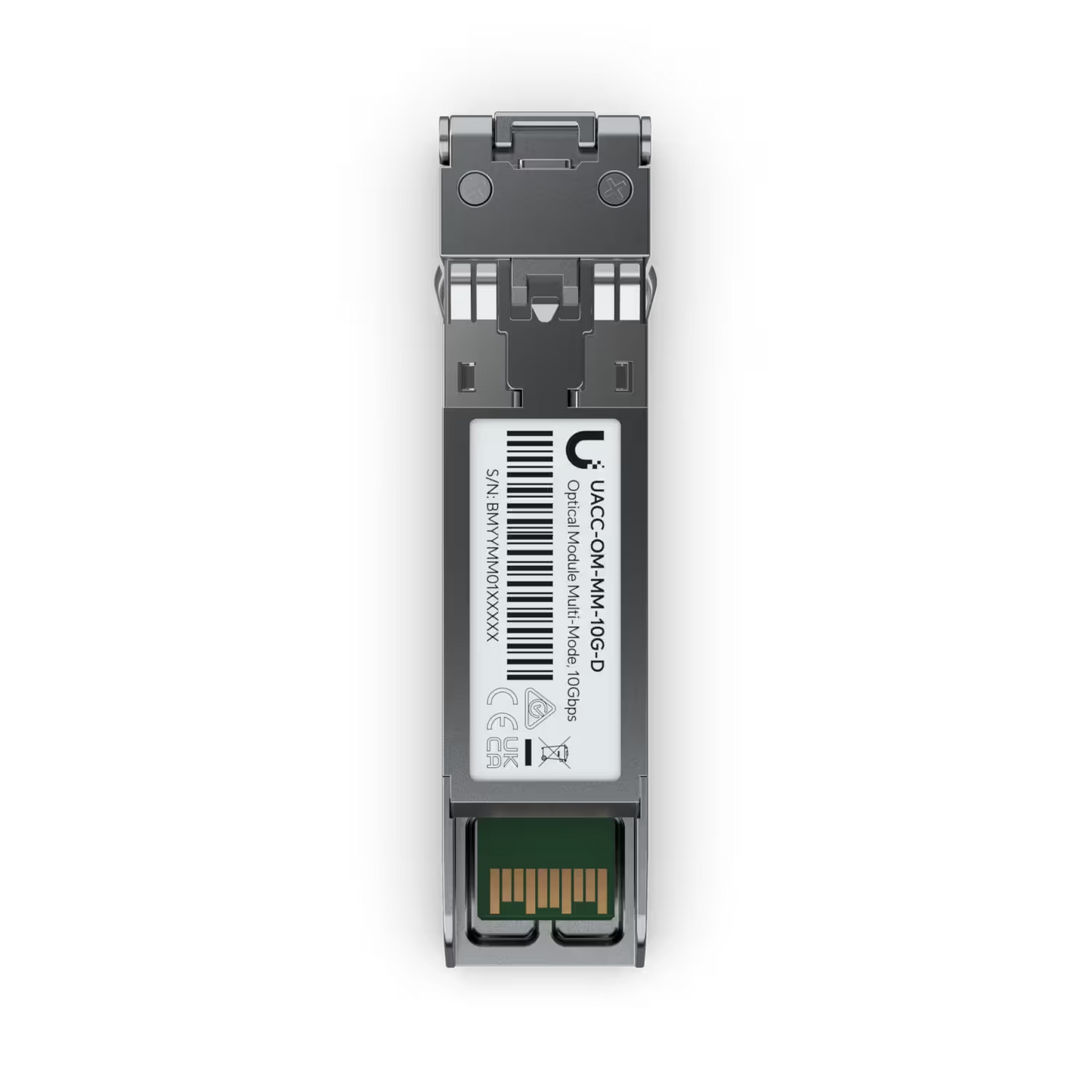 Ubiquiti Multi Mode 10G LC SFP+ 850nm module shown with packaging and accessories.