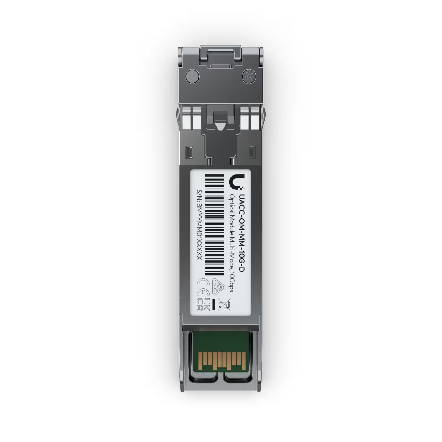 Ubiquiti Multi Mode 10G LC SFP+ 850nm module shown with packaging and accessories.