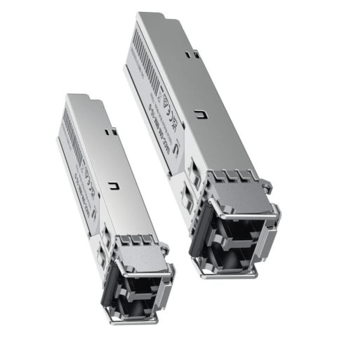 Side angle view of Ubiquiti Multi Mode 1.25G LC SFP 850nm 550m module.