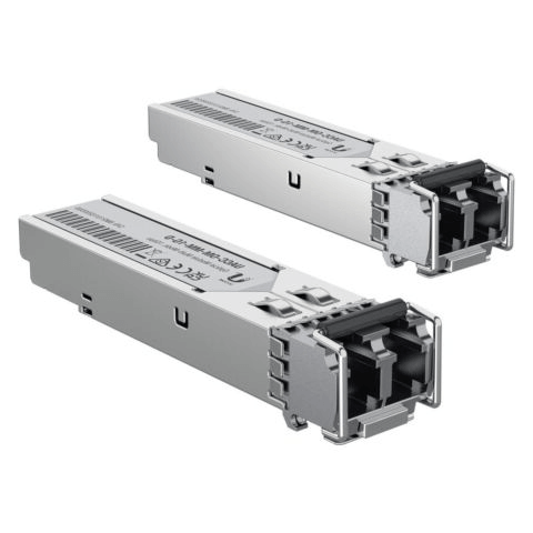 Ubiquiti Multi Mode 1.25G LC SFP 850nm 550m module shown in reverse perspective.