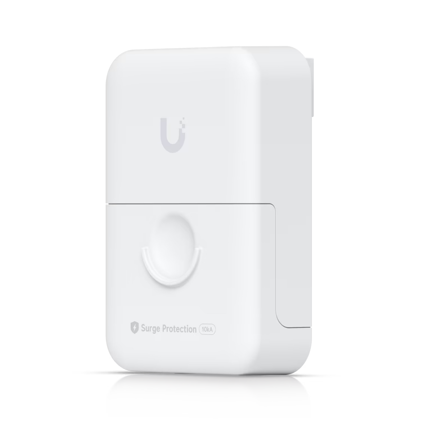 Angled view of the Ubiquiti Grounded Ethernet Surge Protector emphasizing its protective features.