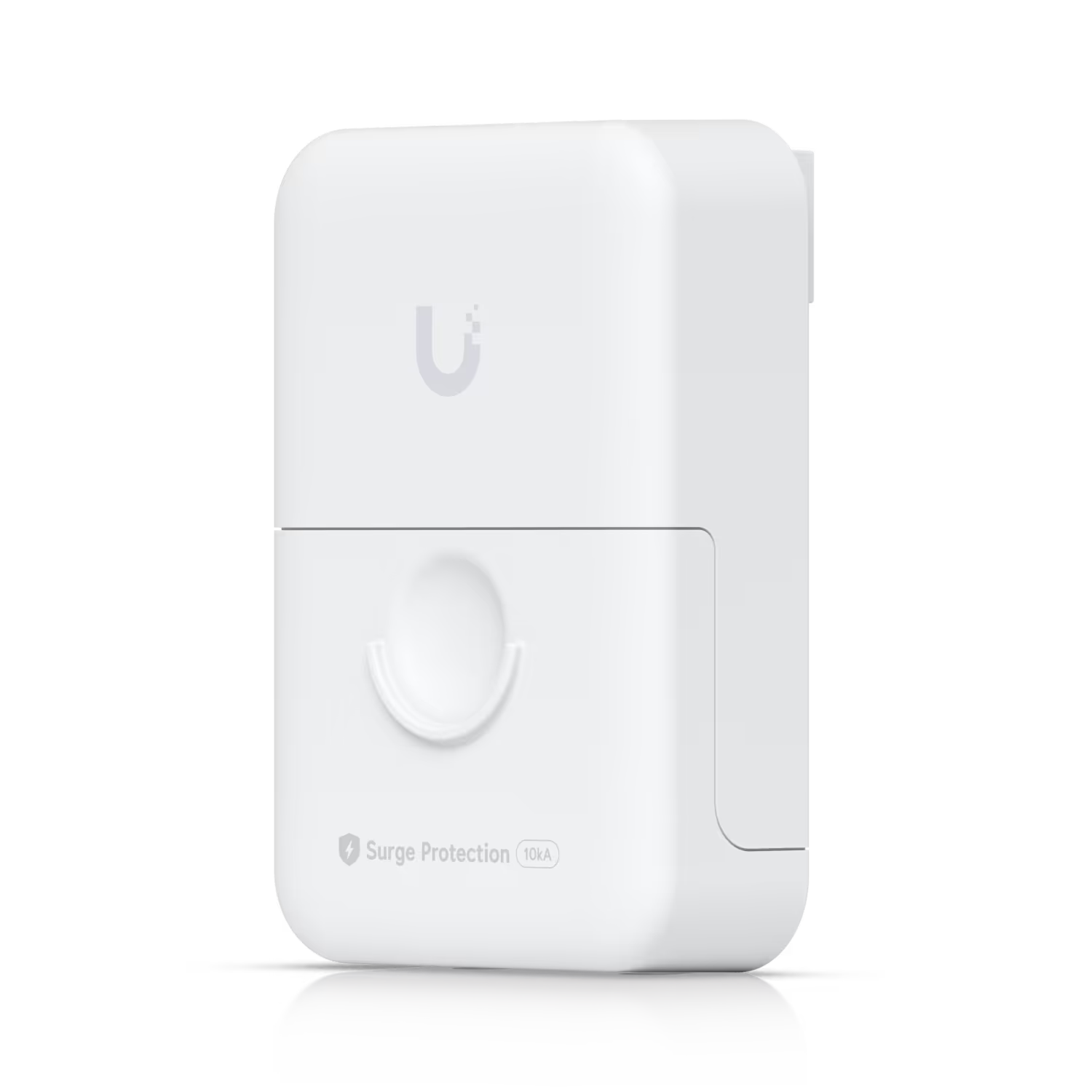 Angled view of the Ubiquiti Grounded Ethernet Surge Protector emphasizing its protective features.