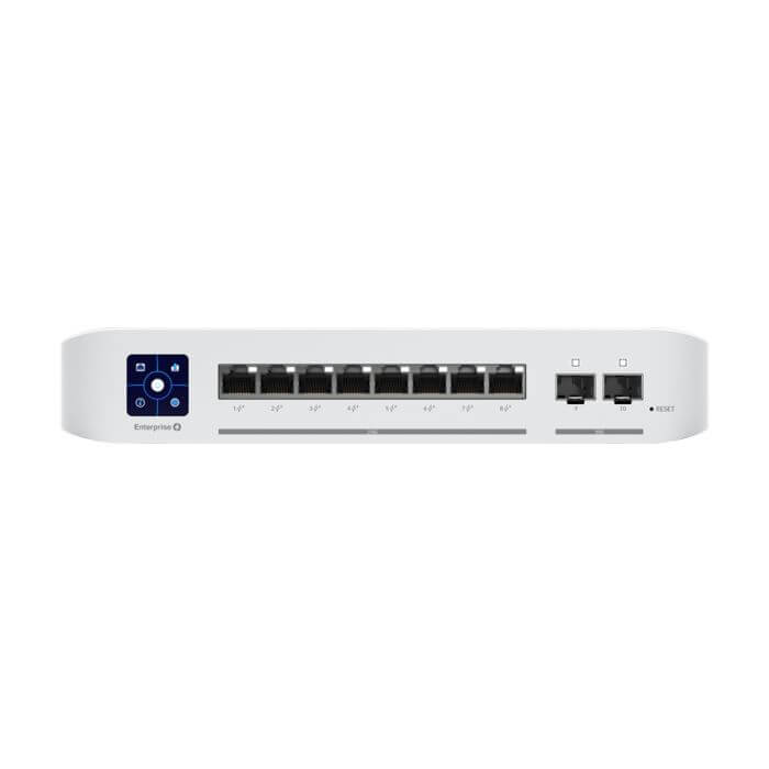 Ubiquiti UniFi Enterprise 8-Port PoE Switch with 120W PoE, featuring multiple Ethernet ports for power over Ethernet connectivity.