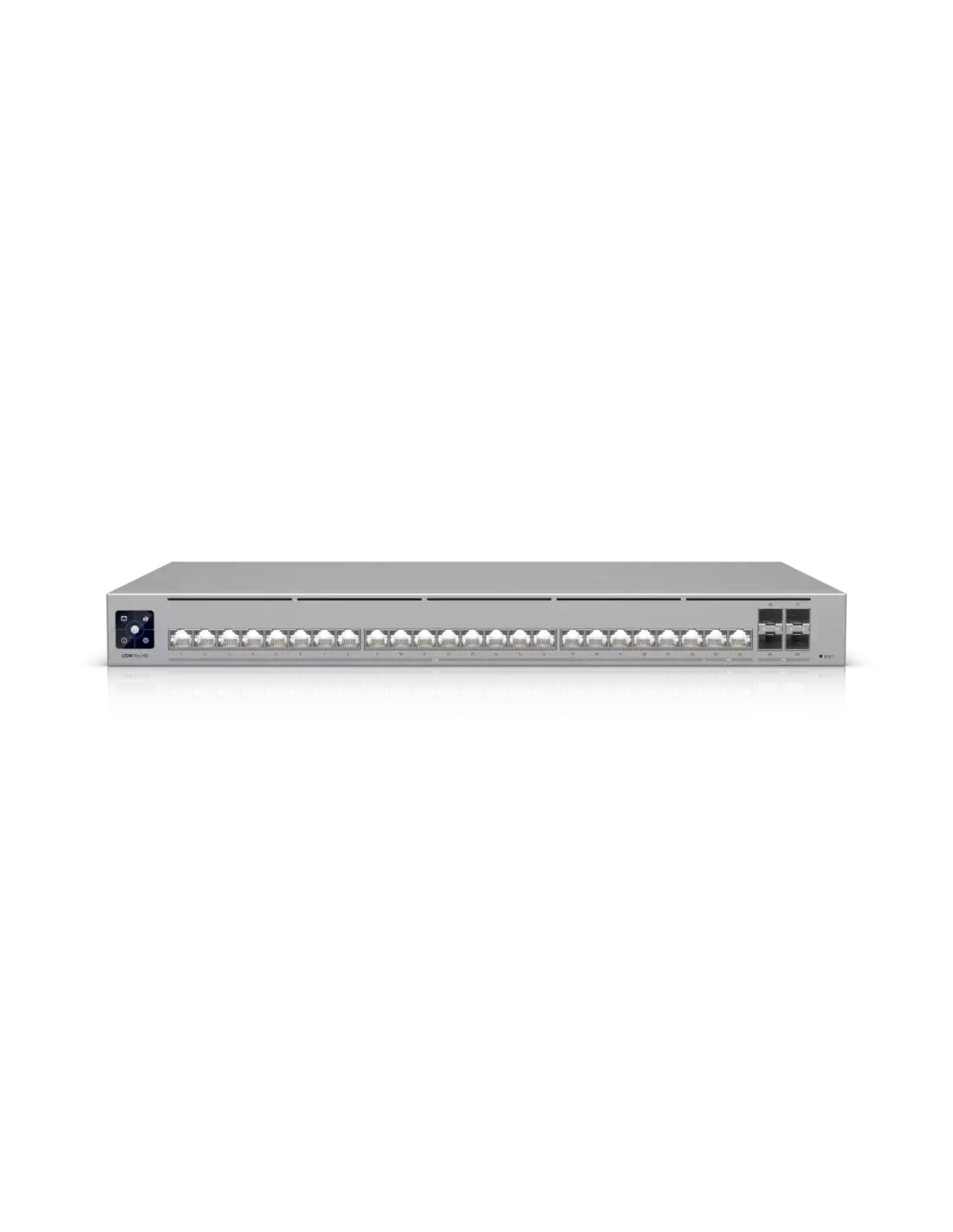 Ubiquiti UNIFI Pro HD 24 Port Switch, model USW-PRO-HD-24, showcasing its sleek design and multiple Ethernet ports.