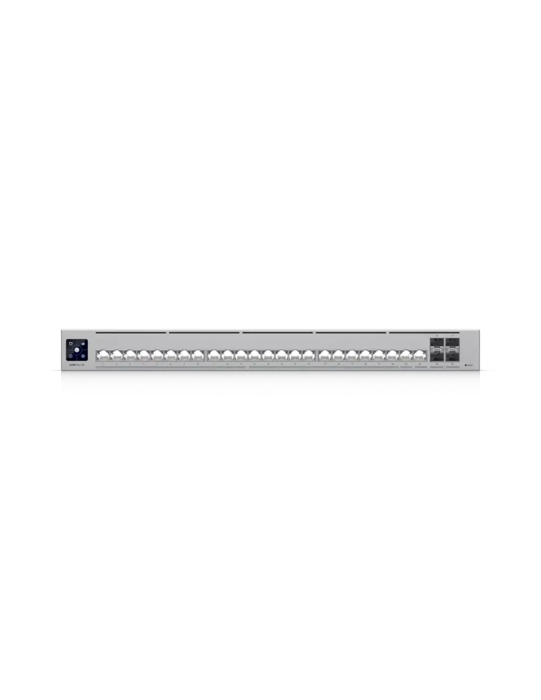 Ubiquiti UNIFI Pro HD 24 Port Switch, model USW-PRO-HD-24, showcasing its sleek design and multiple Ethernet ports.