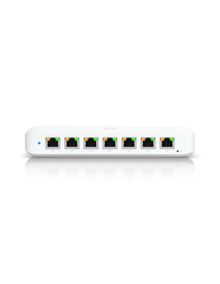 Image of the Ubiquiti UniFi Ultra 8-Port PoE Switch showcasing its sleek design and multiple Ethernet ports.