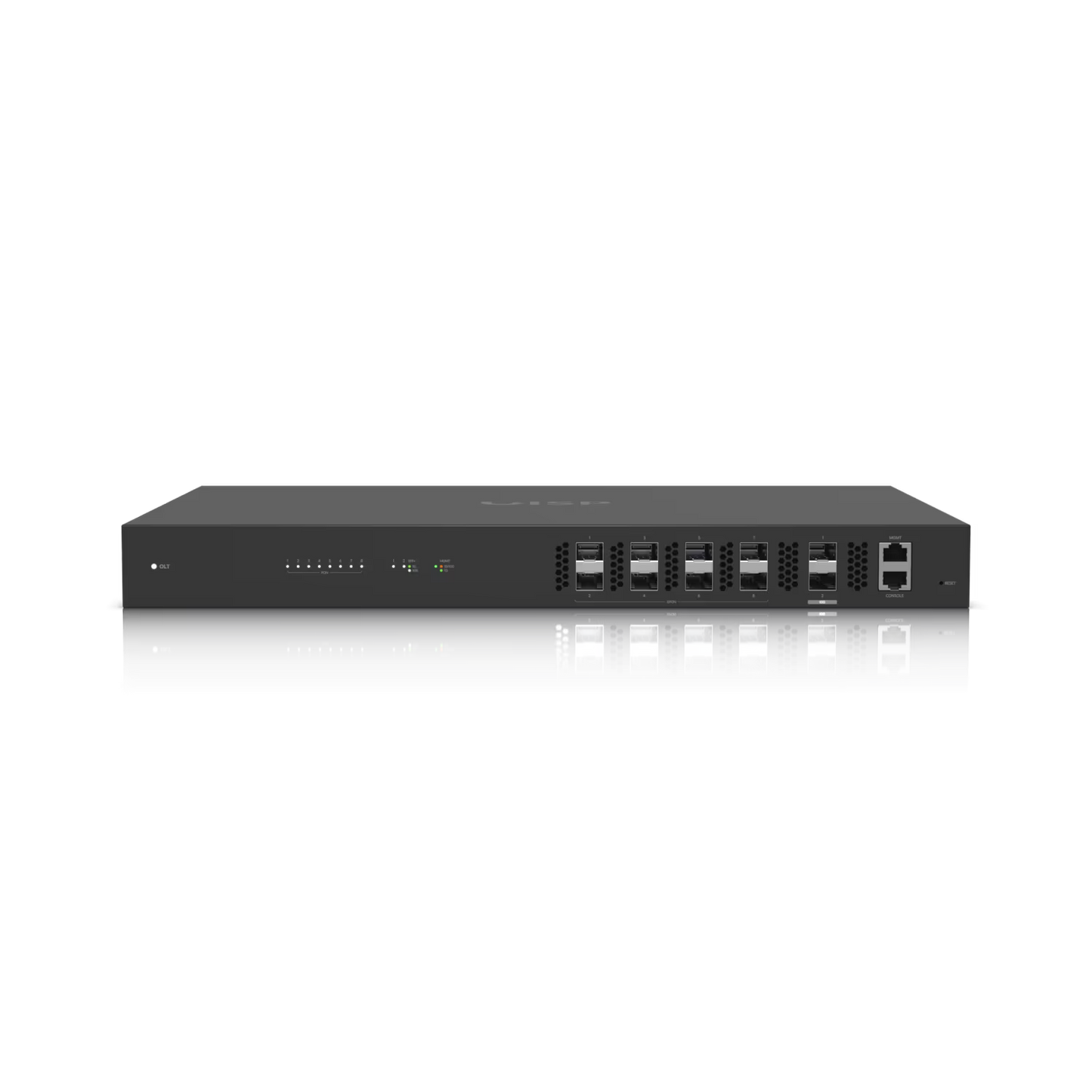 Front view of the Ubiquiti UISP Fiber GPON OLT with 8 PON ports.