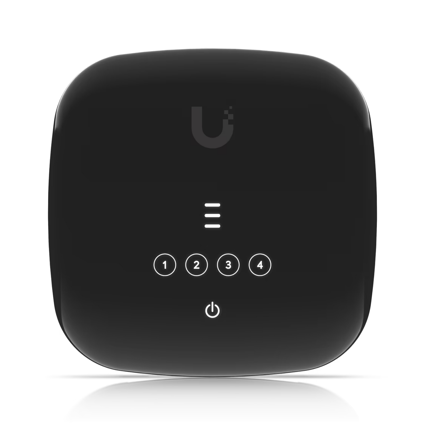 Back view of the Ubiquiti UISP Fiber WiFi 6 GPON CPE displaying the four Gigabit ports and power input.