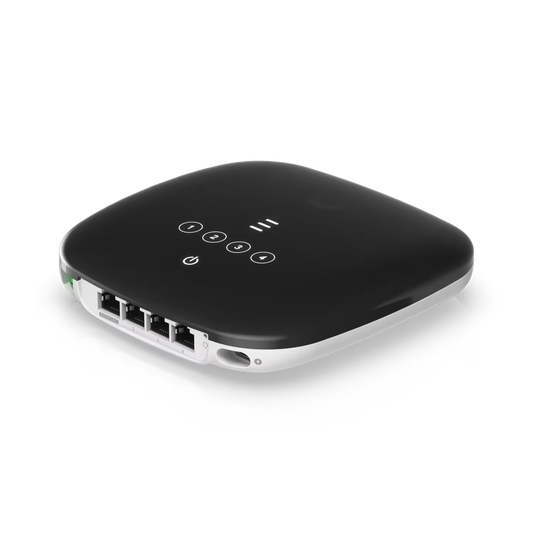 Front view of the Ubiquiti UISP Fiber WiFi 6 GPON CPE showing the sleek design and LED indicators.