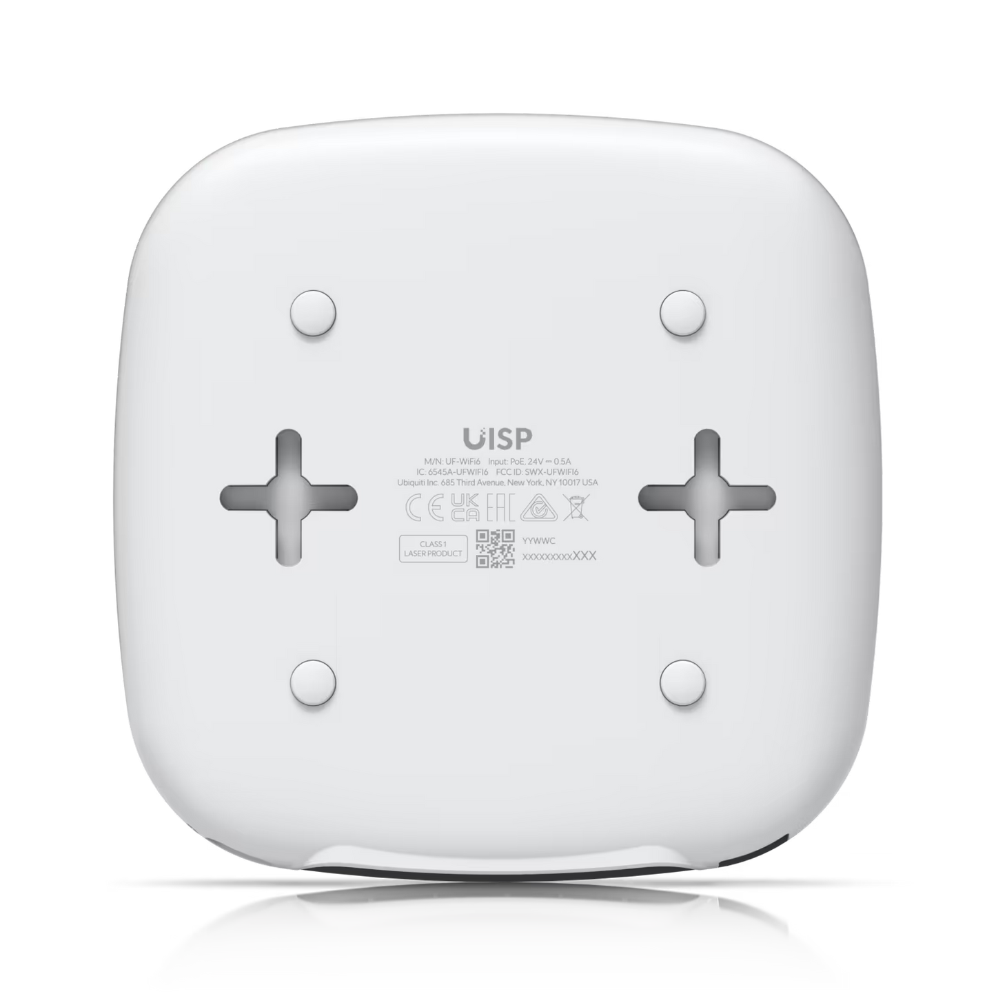 Close-up of the product label on the Ubiquiti UISP Fiber WiFi 6 GPON CPE, showcasing model details and specifications.