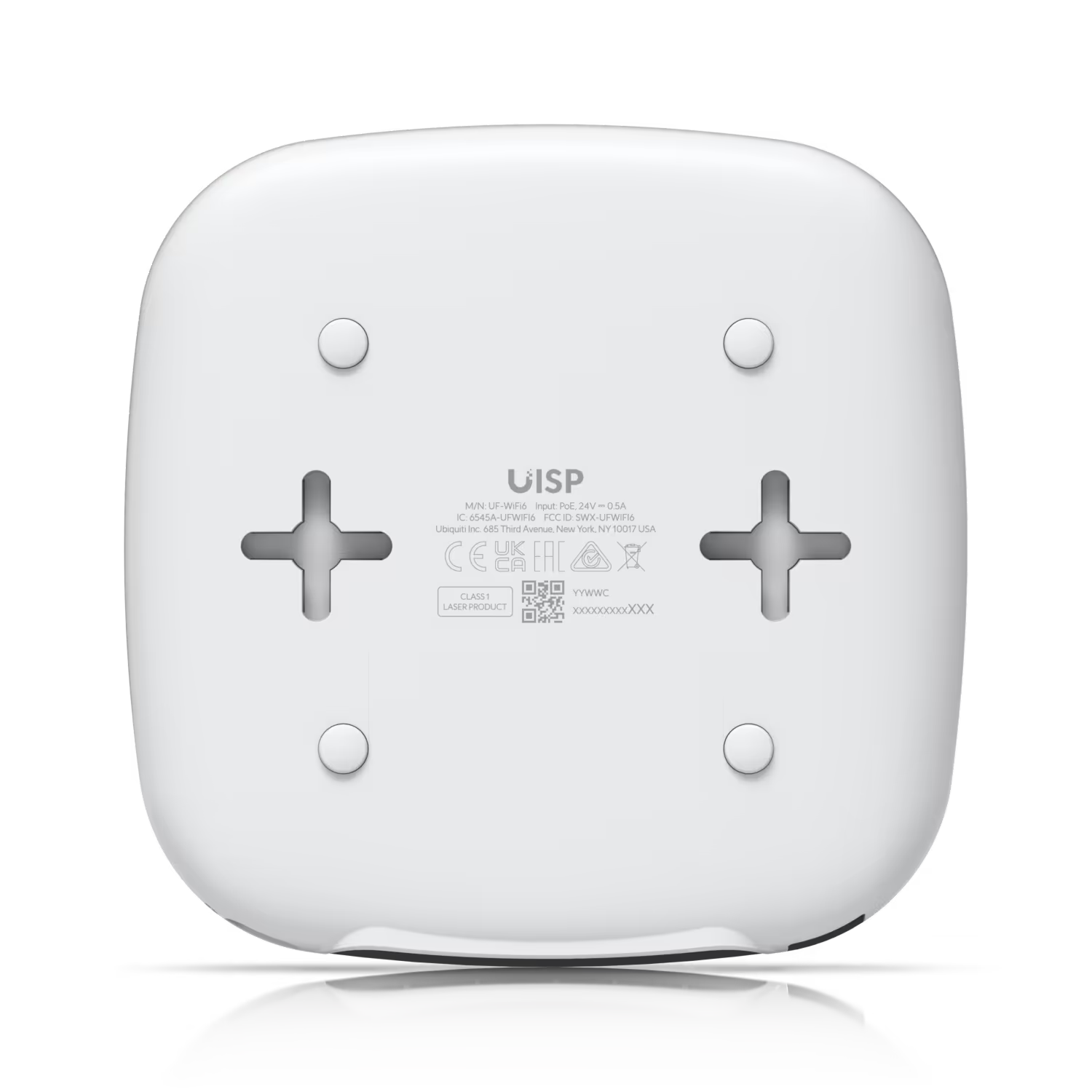 Close-up of the product label on the Ubiquiti UISP Fiber WiFi 6 GPON CPE, showcasing model details and specifications.
