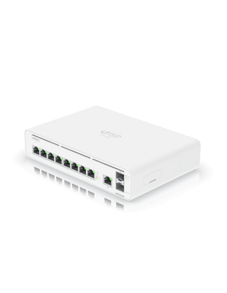 Ubiquiti UISP Console 9 Port Gigabit 2SFP+ angled view showcasing connectivity options.