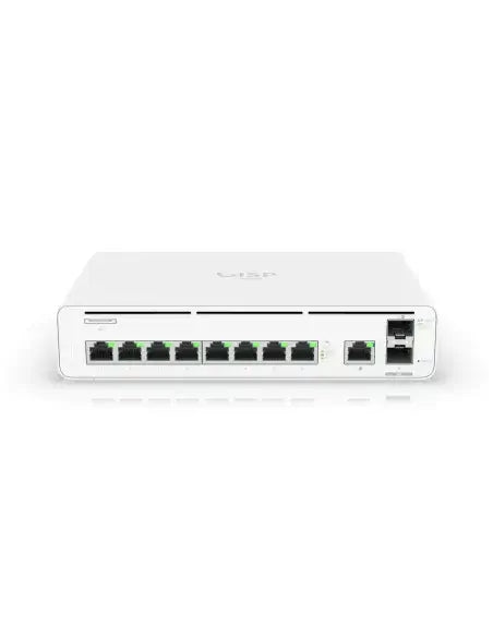 Ubiquiti UISP Console 9 Port Gigabit 2SFP+ in a webp format showing detailed features.