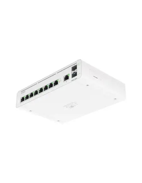 Ubiquiti UISP Console 9 Port Gigabit 2SFP+ close-up view of ports and indicators.