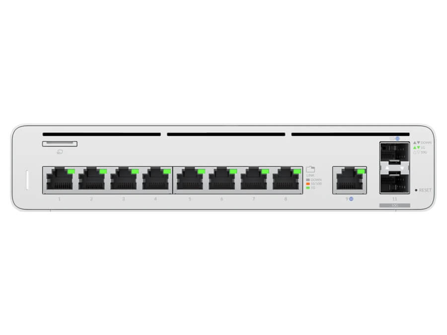 Ubiquiti UISP Console 9 Port Gigabit 2SFP+ front view showing ports and design.