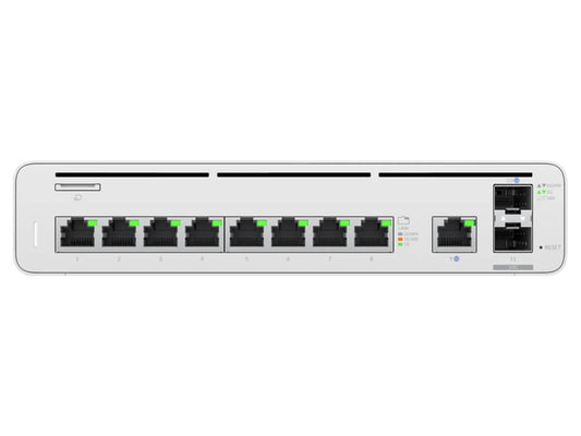 Ubiquiti UISP Console 9 Port Gigabit 2SFP+ front view showing ports and design.