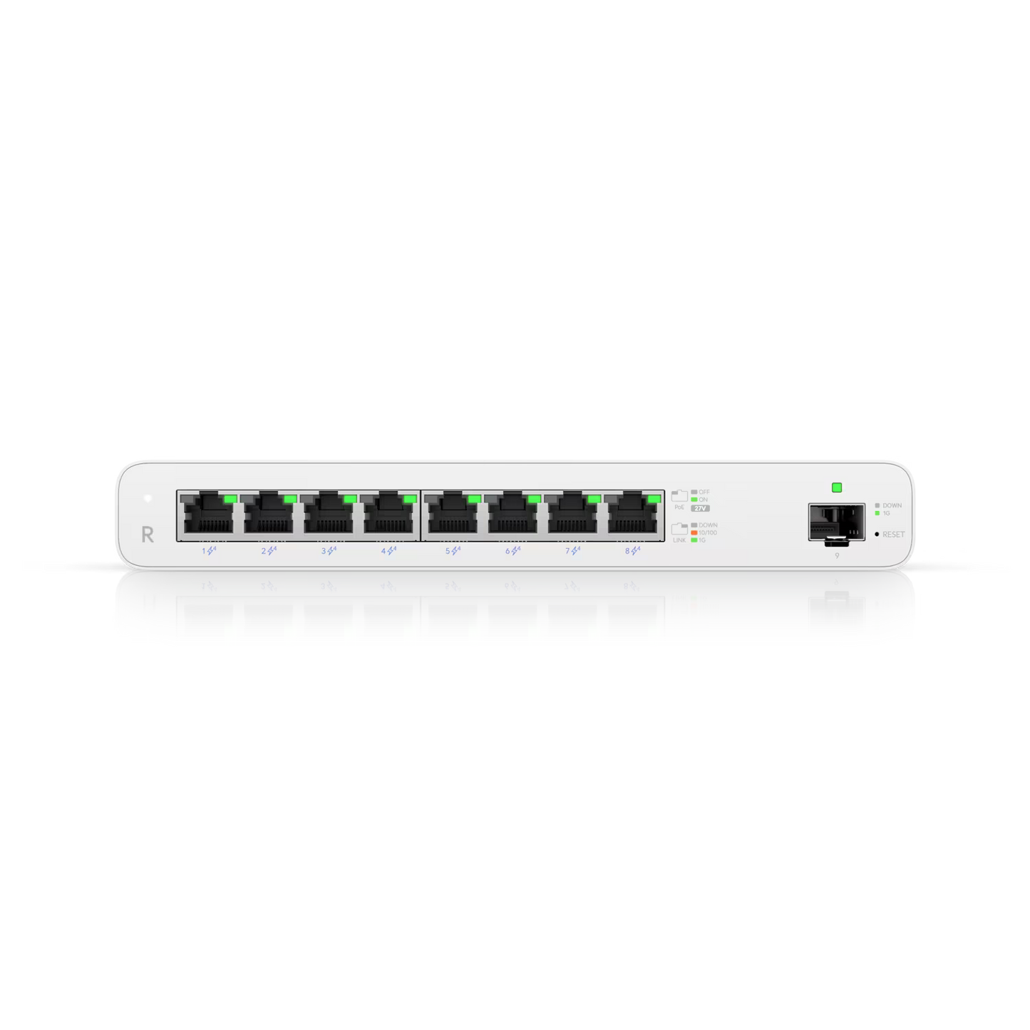 Rear view of the Ubiquiti UISP Router 8 Port Gigabit PoE 110W 1SFP showing ports and connections.