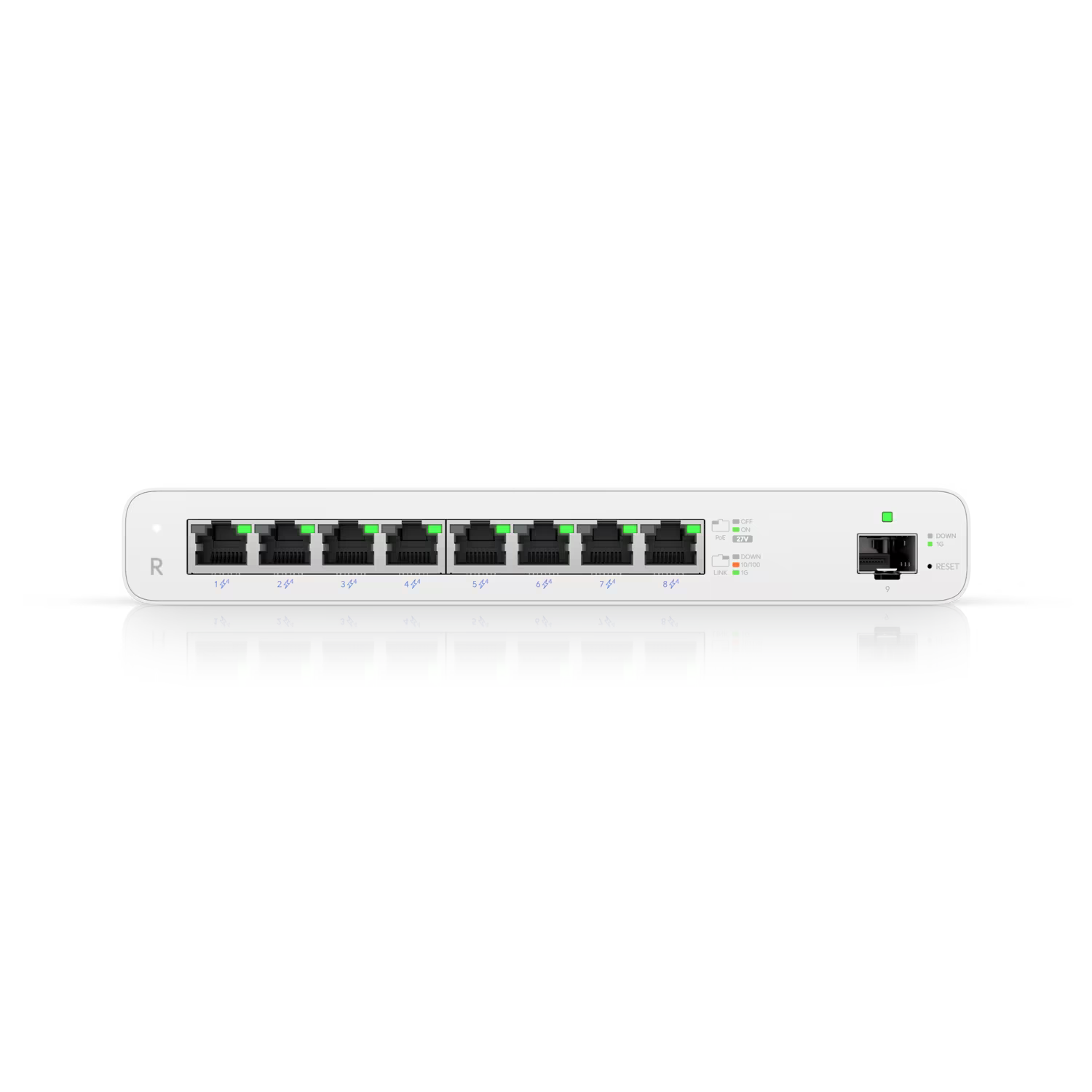 Rear view of the Ubiquiti UISP Router 8 Port Gigabit PoE 110W 1SFP showing ports and connections.