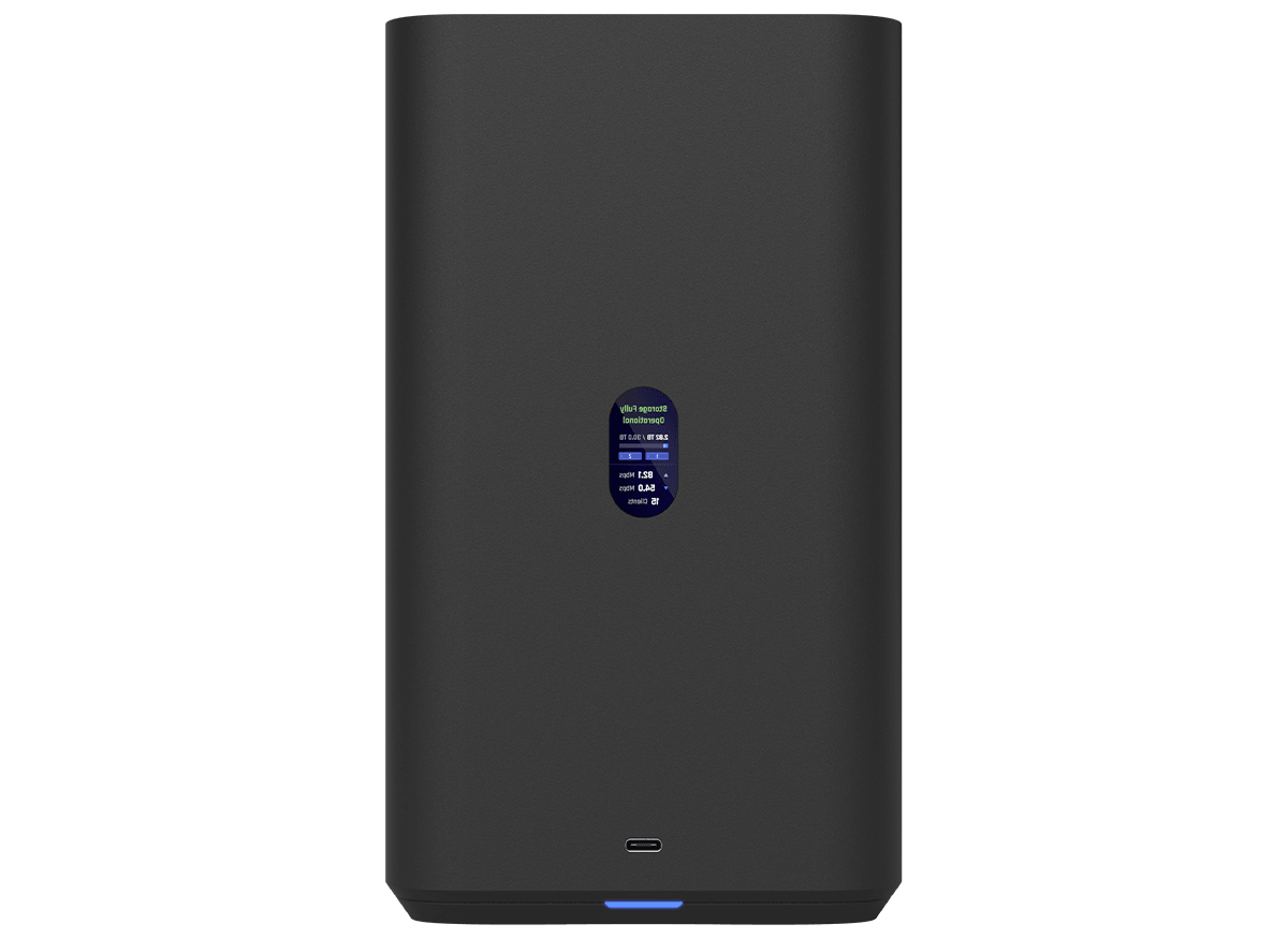 Flipped view of Ubiquiti UniFi Black UNAS 2.5Gbps Ethernet showcasing 2x 3.5" HDD bays.