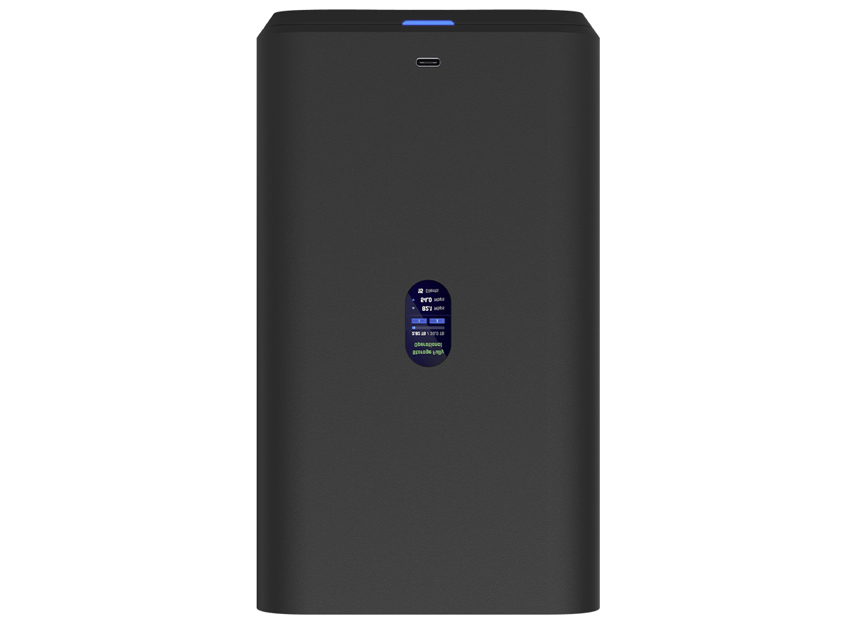 Vertical flip view of Ubiquiti UniFi Black UNAS 2.5Gbps Ethernet with 2x 3.5" HDD bays.