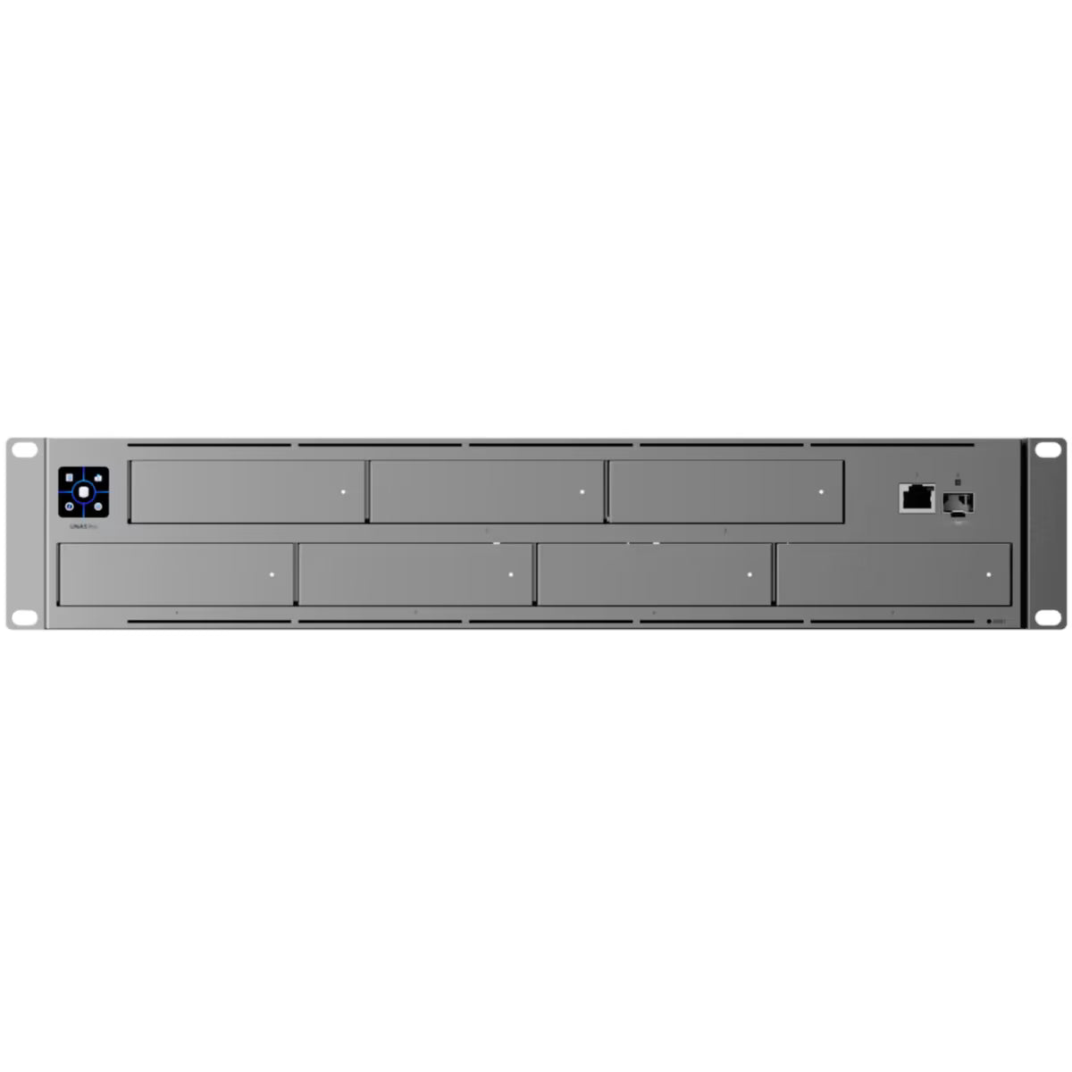 Close-up of the drive bays of the Ubiquiti UniFi NAS Pro 2U, showing the capacity for 7 drives.