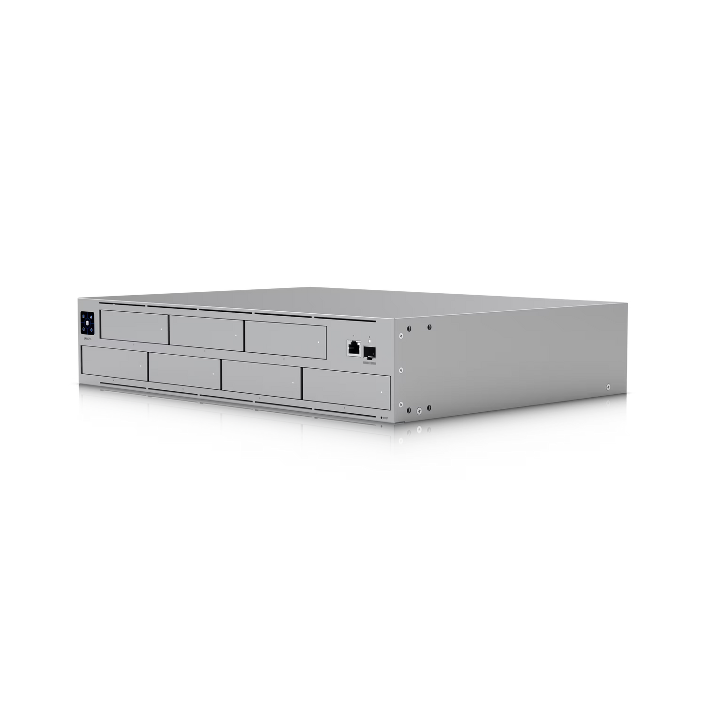 Front view of the Ubiquiti UniFi NAS Pro 2U showcasing its sleek design and drive bays.